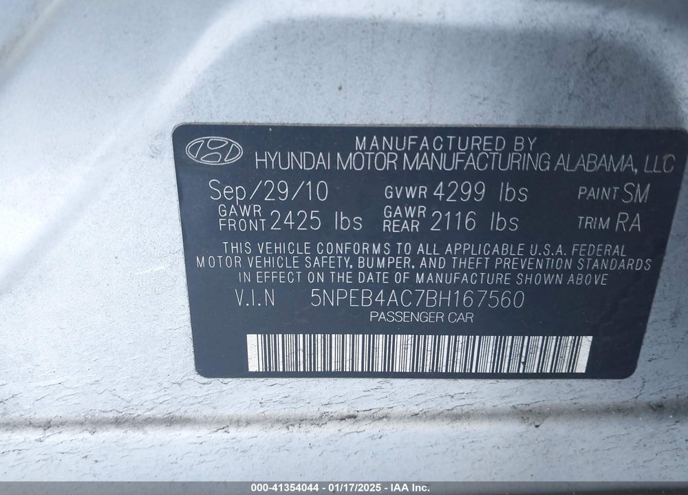 2011 HYUNDAI SONATA GLS VIN: 5NPEB4AC7BH167560