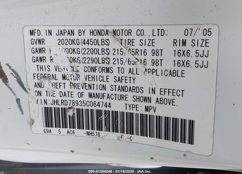 2005 HONDA CR-V SE VIN: JHLRD78935C064744