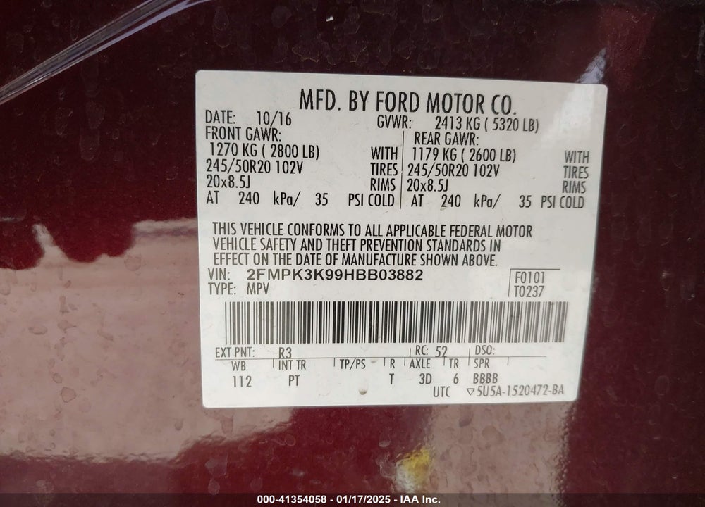 2017 FORD EDGE TITANIUM VIN: 2FMPK3K99HBB03882