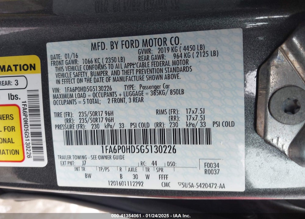 2016 FORD FUSION VIN: 1FA6P0HD5G5130226