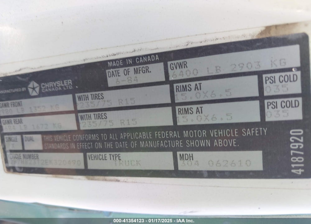 1984 DODGE RAM VAN B250 VIN: 2B7HB23T2EK320490