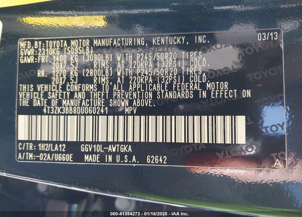 2013 TOYOTA VENZA LE/XLE/LIMITED VIN: 4T3ZK3BB8DU060241