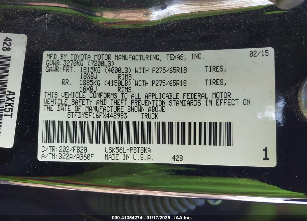 2015 TOYOTA TUNDRA SR5 5.7L V8 VIN: 5TFDY5F16FX448993