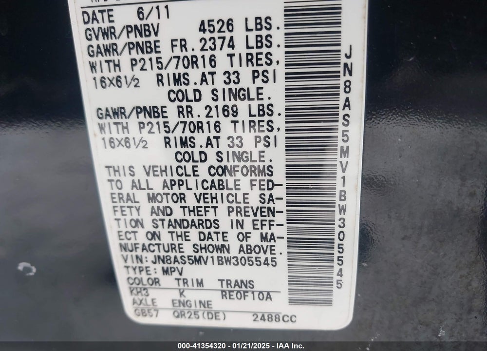 2011 NISSAN ROGUE VIN: JN8AS5MV1BW305545