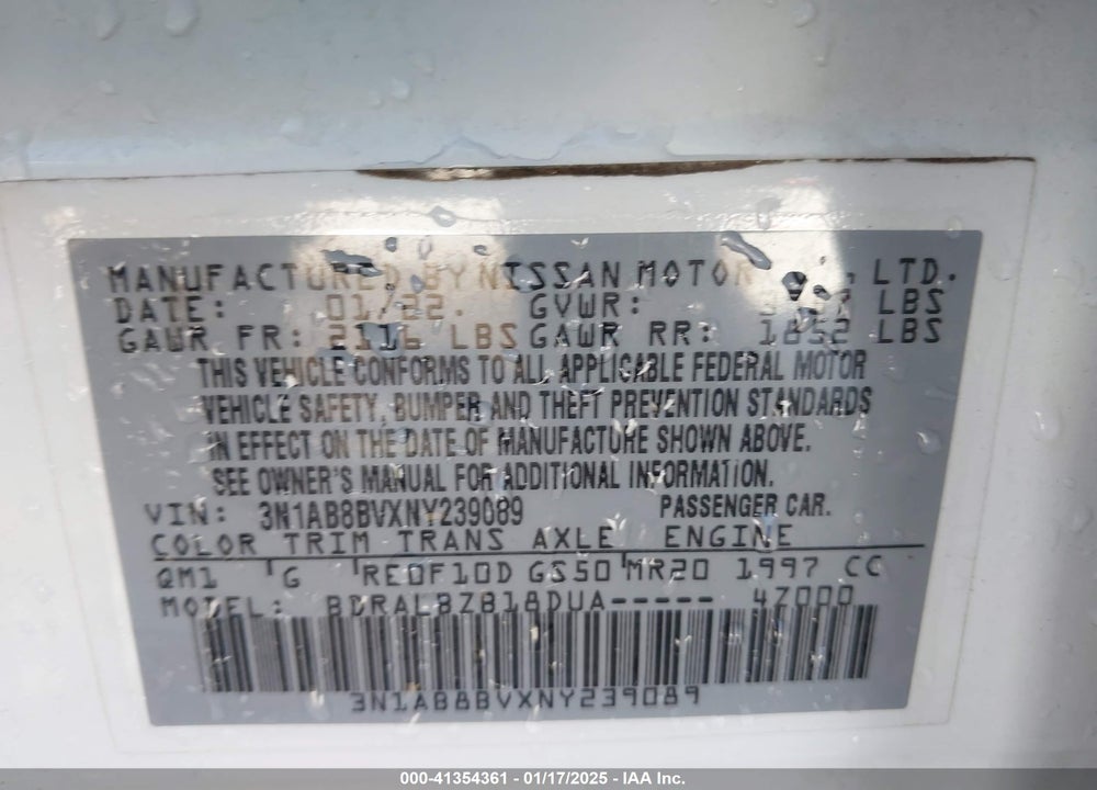 2022 NISSAN SENTRA VIN: 3N1AB8BVXNY239089