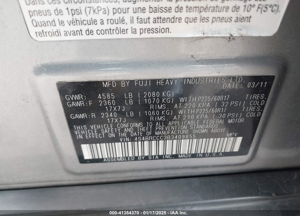 2011 SUBARU OUTBACK 2.5I PREMIUM VIN: 4S4BRCCC3B3409855