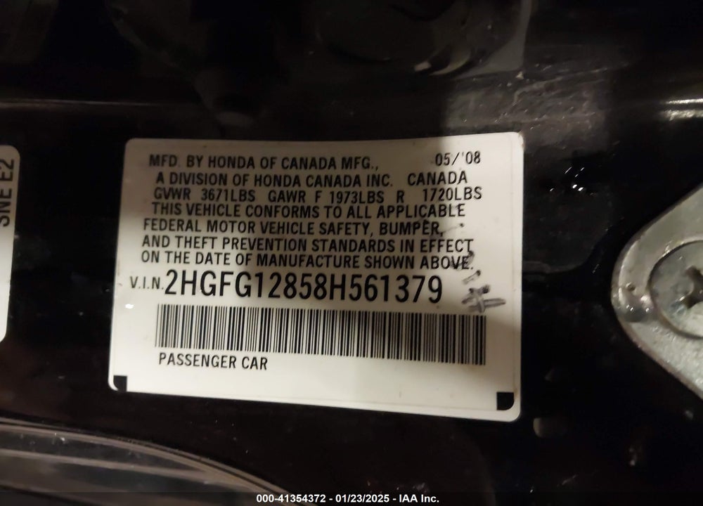 2008 HONDA CIVIC EX VIN: 2HGFG12858H561379