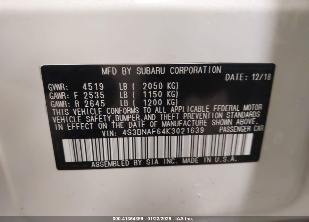 2019 SUBARU LEGACY 2.5I PREMIUM VIN: 4S3BNAF64K3021639
