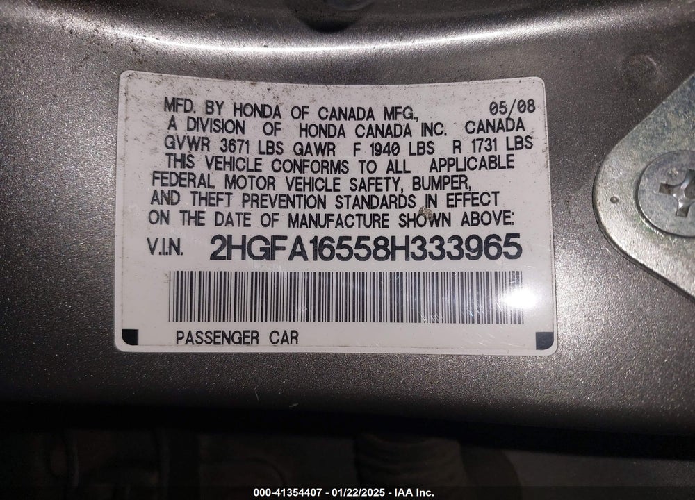 2008 HONDA CIVIC LX VIN: 2HGFA16558H333965