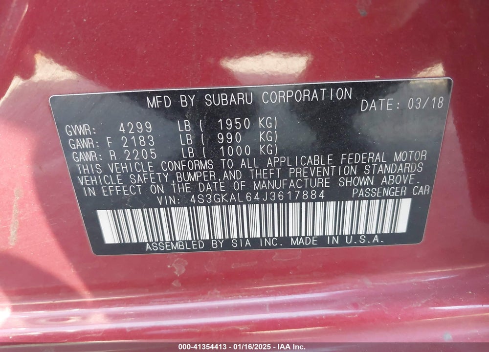 2018 SUBARU IMPREZA VIN: 4S3GKAL64J3617884