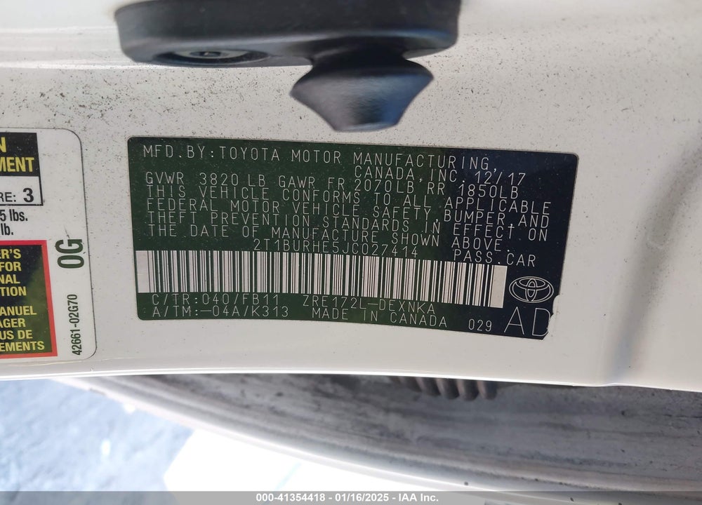 2018 TOYOTA COROLLA VIN: 2T1BURHE5JC027414