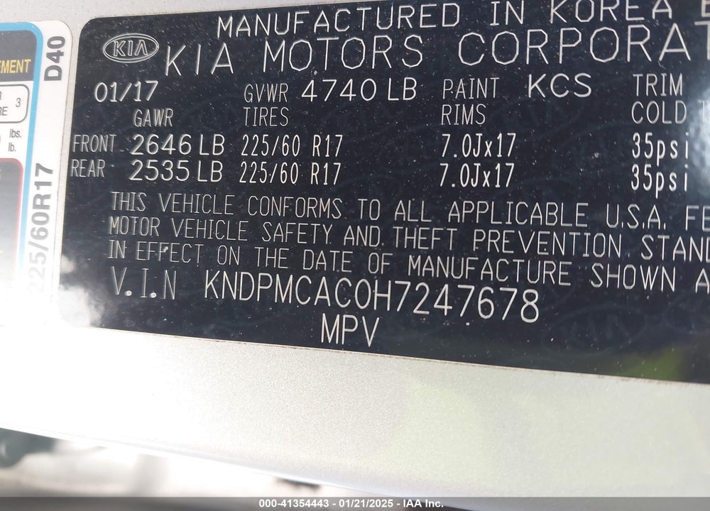 2017 KIA SPORTAGE LX VIN: KNDPMCAC0H7247678