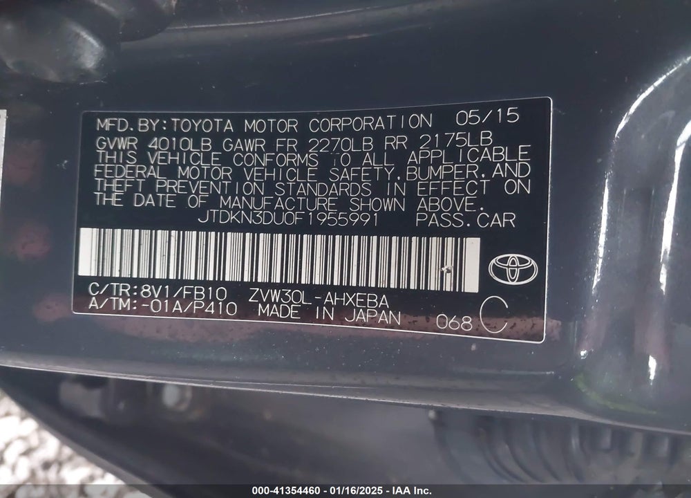 2015 TOYOTA PRIUS VIN: JTDKN3DU0F1955991