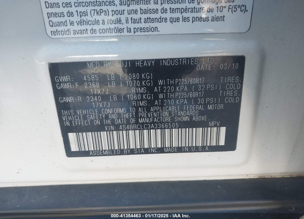 2010 SUBARU OUTBACK 2.5I LIMITED VIN: 4S4BRCLC3A3366505