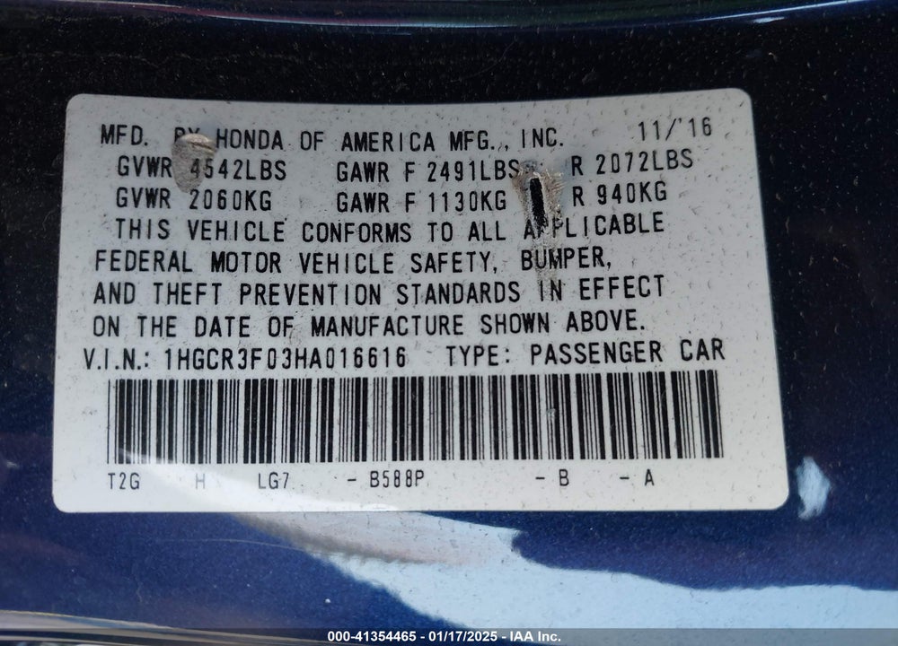 2017 HONDA ACCORD VIN: 1HGCR3F03HA016616