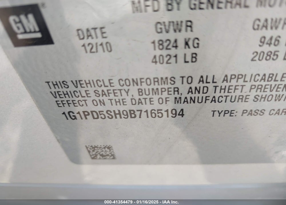 2011 CHEVROLET CRUZE VIN: 1G1PD5SH9B7165194