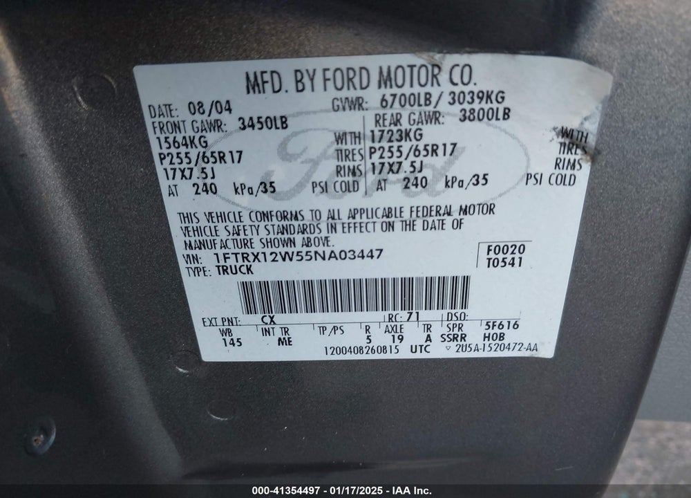 2005 FORD F-150 STX/XL/XLT VIN: 1FTRX12W55NA03447