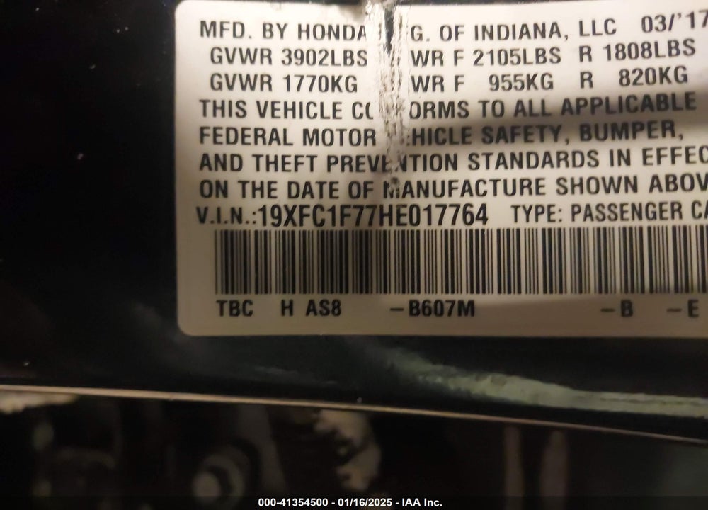 2017 HONDA CIVIC VIN: 19XFC1F77HE017764