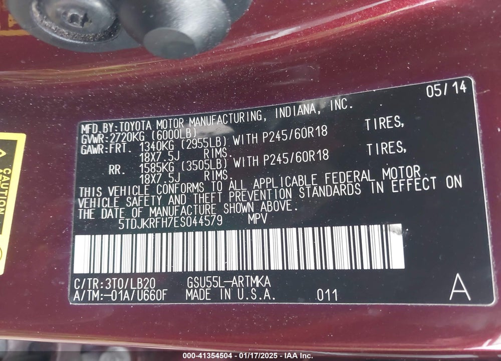 2014 TOYOTA HIGHLANDER VIN: 5TDJKRFH7ES044579