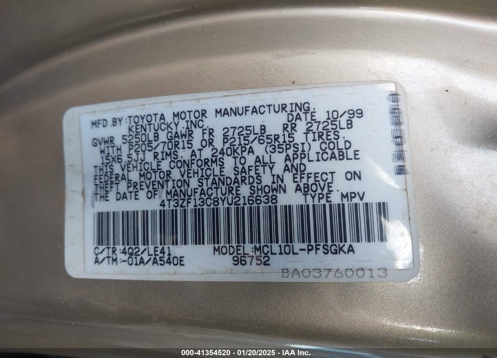 2000 TOYOTA SIENNA XLE VIN: 4T3ZF13C8YU216638