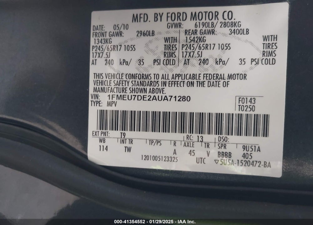 2010 FORD EXPLORER XLT VIN: 1FMEU7DE2AUA71280