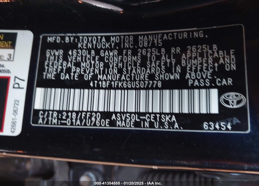 2016 TOYOTA CAMRY VIN: 4T1BF1FK6GU507778