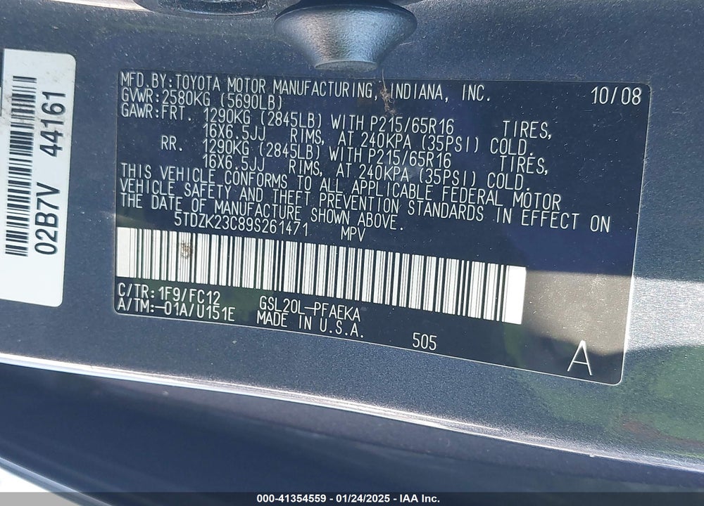 2009 TOYOTA SIENNA LE VIN: 5TDZK23C89S261471