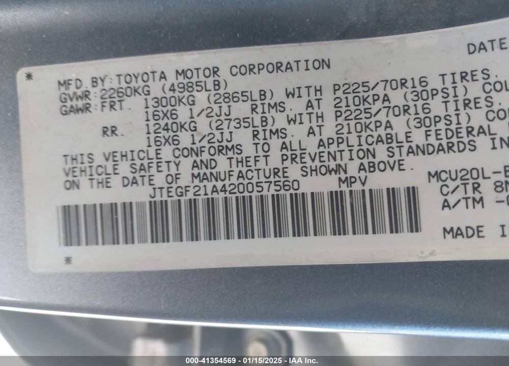 2002 TOYOTA HIGHLANDER LIMITED V6 VIN: JTEGF21A420057560