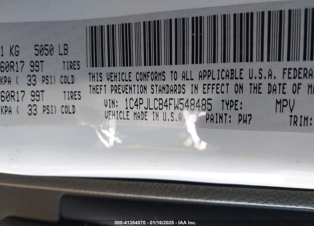 2015 JEEP CHEROKEE LATITUDE VIN: 1C4PJLCB4FW548485