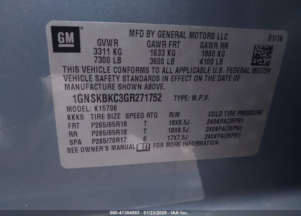 2016 CHEVROLET TAHOE VIN: 1GNSKBKC3GR271752