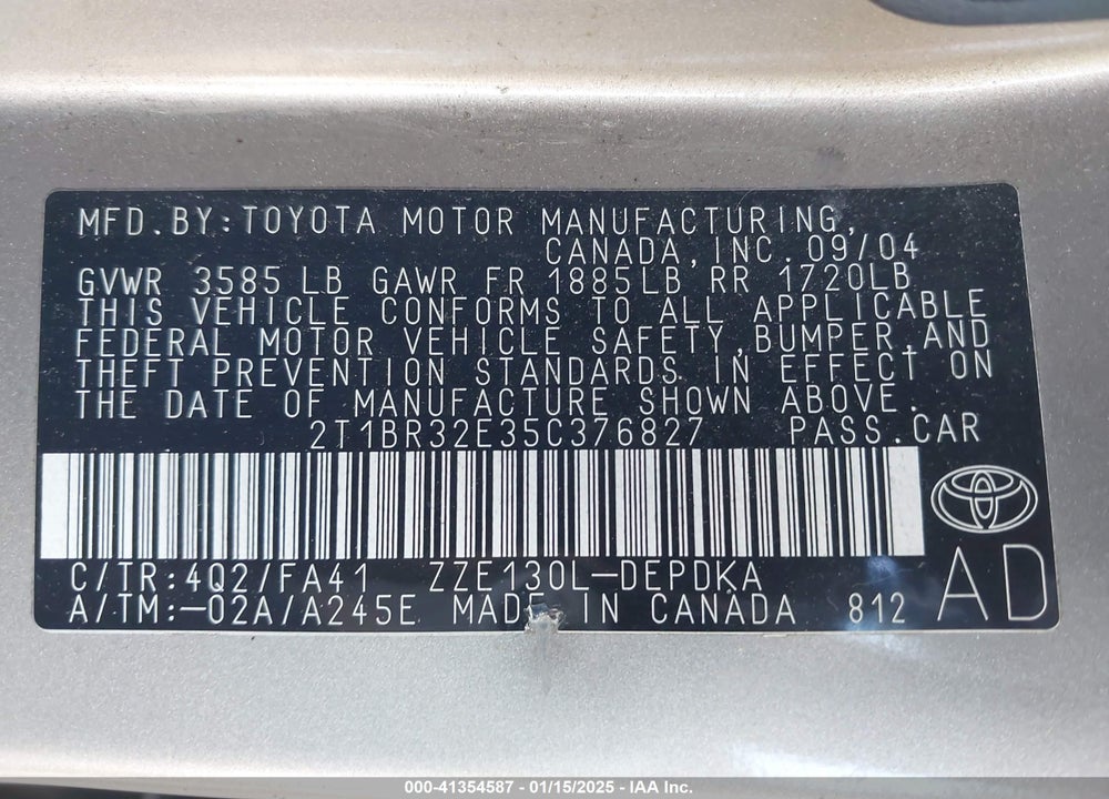 2005 TOYOTA COROLLA CE VIN: 2T1BR32E35C376827