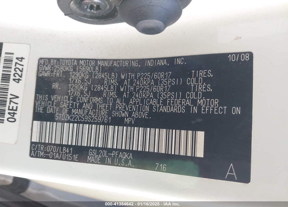 2009 TOYOTA SIENNA XLE VIN: 5TDZK22C59S259761