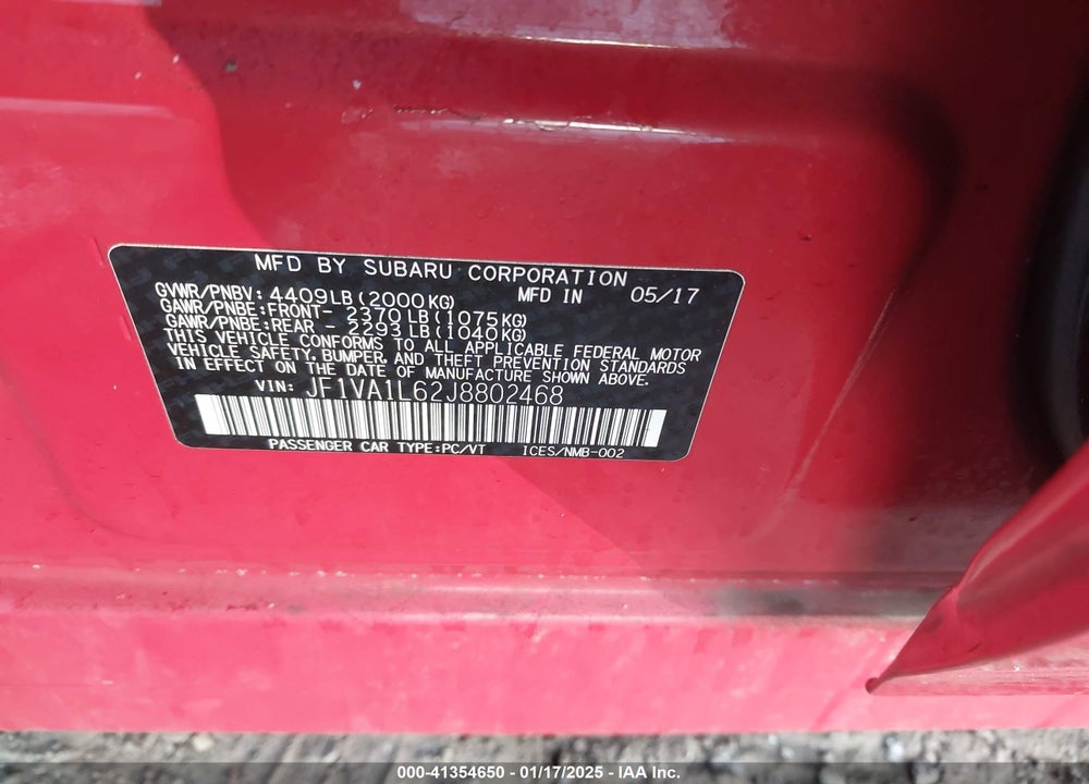 2018 SUBARU WRX VIN: JF1VA1L62J8802468