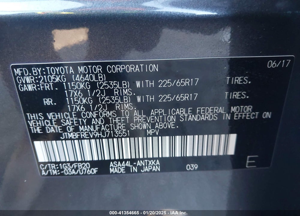 2017 TOYOTA RAV4 LE VIN: JTMBFREV9HJ713551