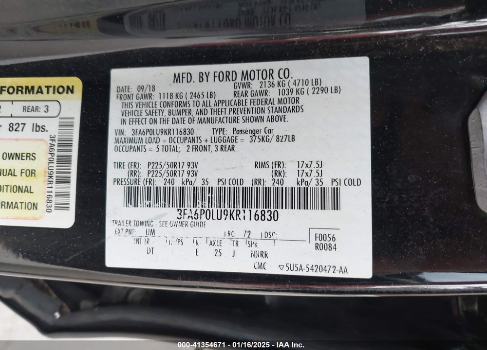 2019 FORD FUSION VIN: 3FA6P0LU9KR116830