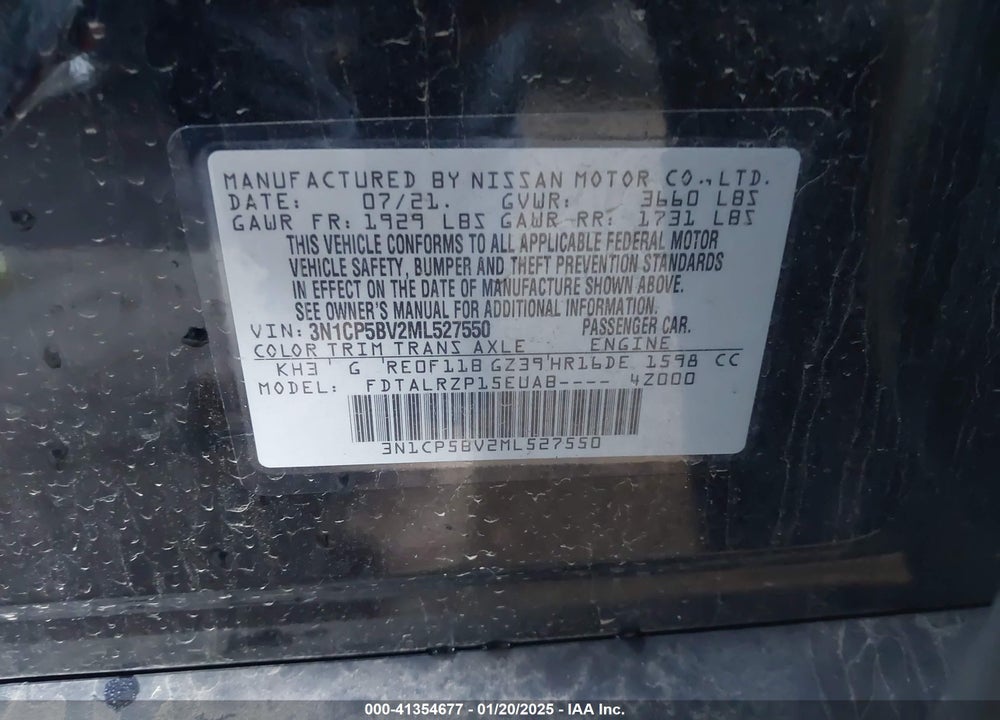2021 NISSAN KICKS S XTRONIC CVT VIN: 3N1CP5BV2ML527550