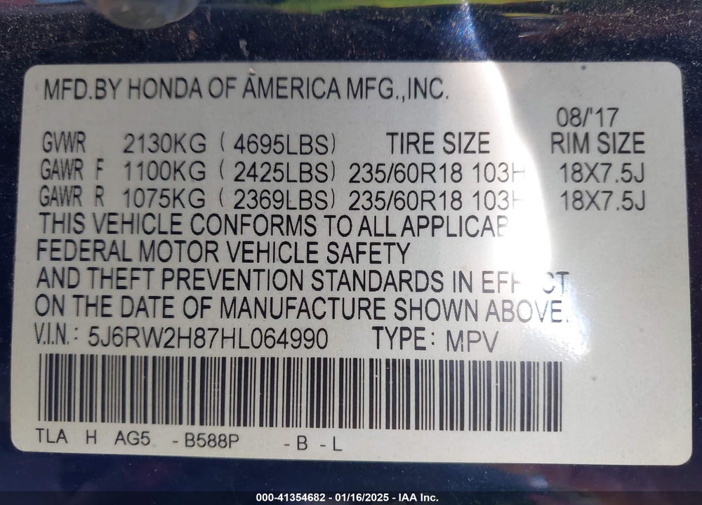 2017 HONDA CR-V EX-L/EX-L NAVI VIN: 5J6RW2H87HL064990