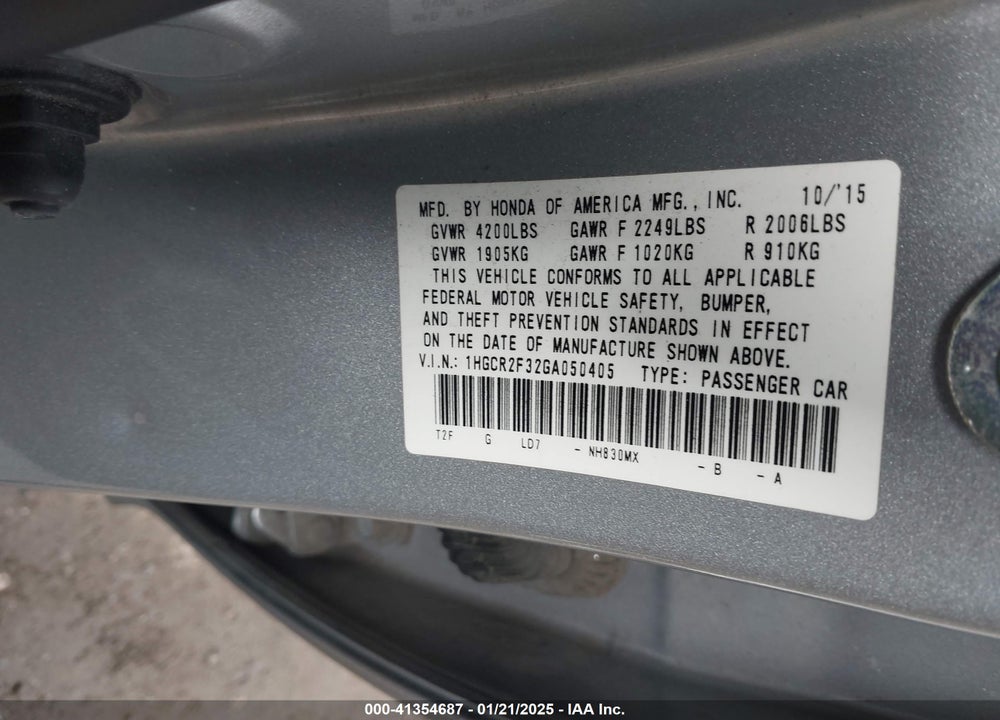 2016 HONDA ACCORD VIN: 1HGCR2F32GA050405