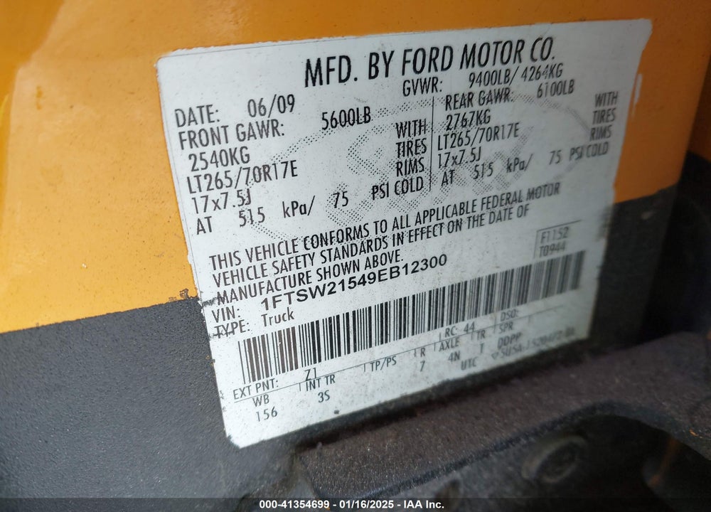 2009 FORD F-250 VIN: 1FTSW21549EB12300