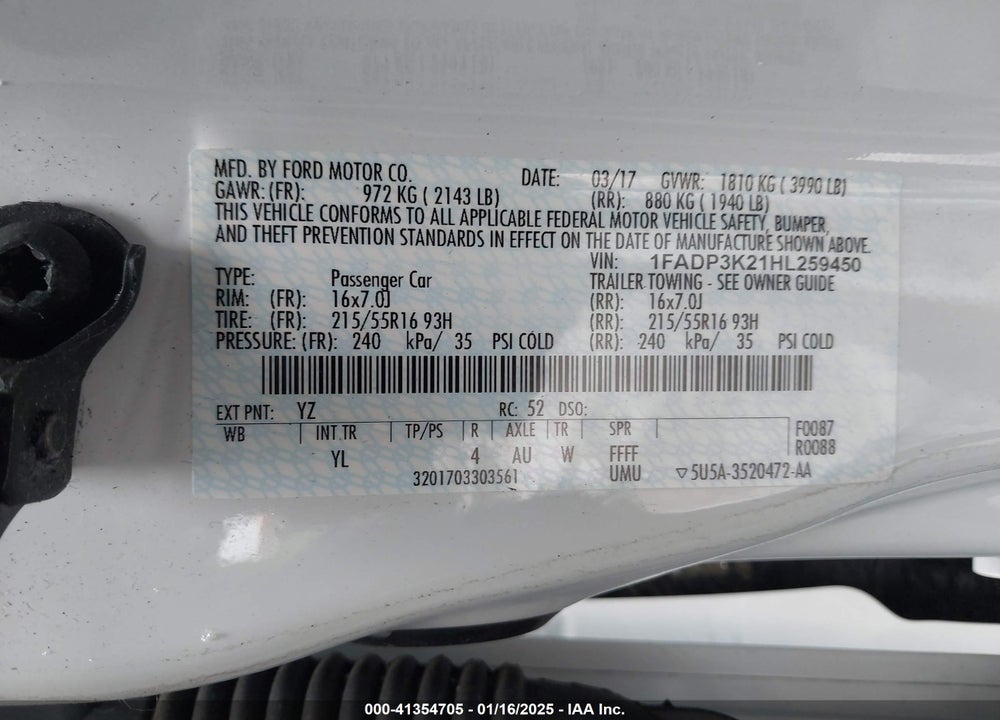 2017 FORD FOCUS VIN: 1FADP3K21HL259450