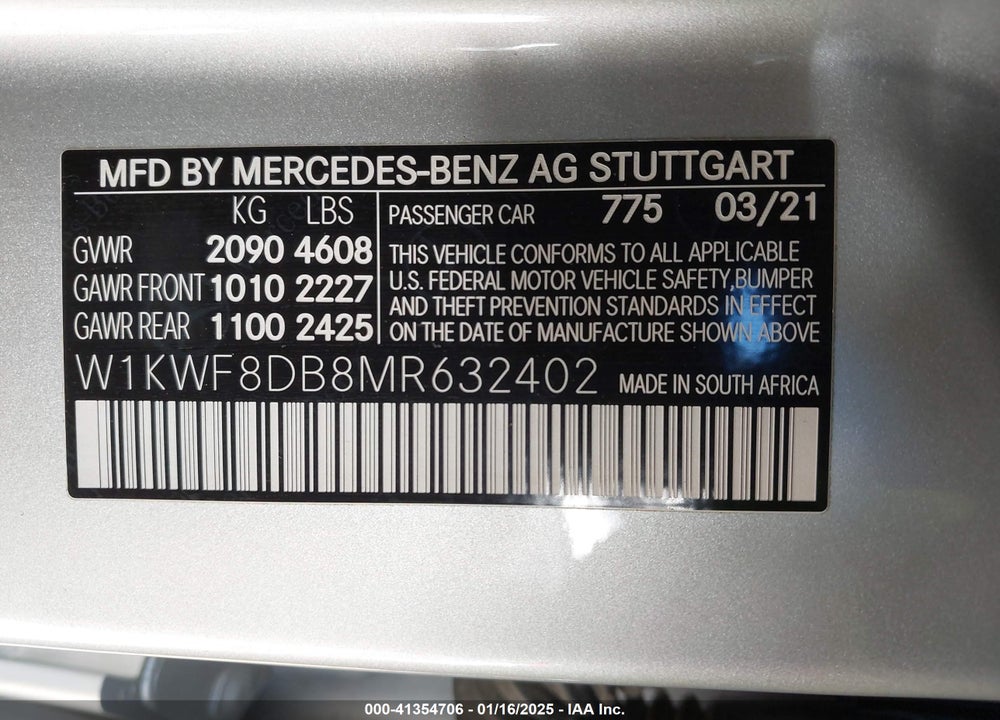 2021 MERCEDES-BENZ C 300 SEDAN VIN: W1KWF8DB8MR632402