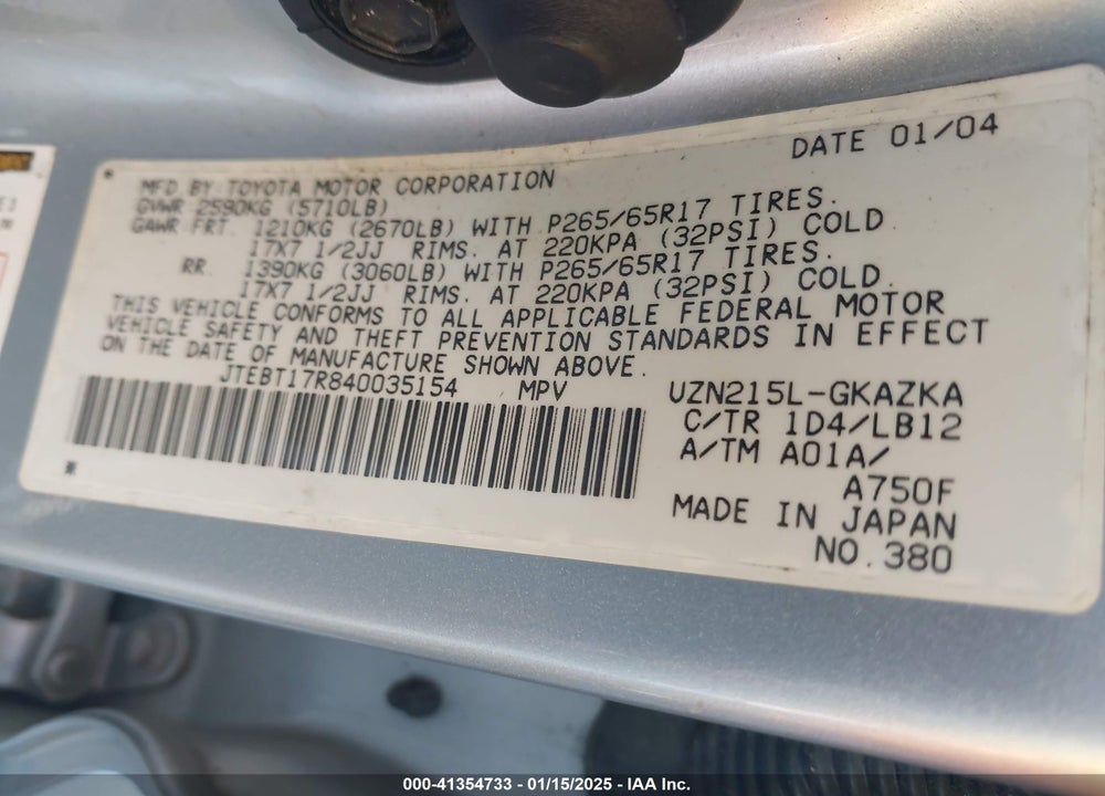2004 TOYOTA 4RUNNER LIMITED V8 VIN: JTEBT17R840035154