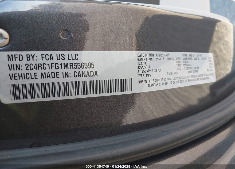 2021 CHRYSLER PACIFICA TOURING VIN: 2C4RC1FG1MR556595
