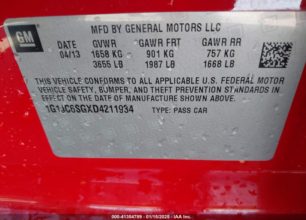 2013 CHEVROLET SONIC VIN: 1G1JC6SGXD4211934