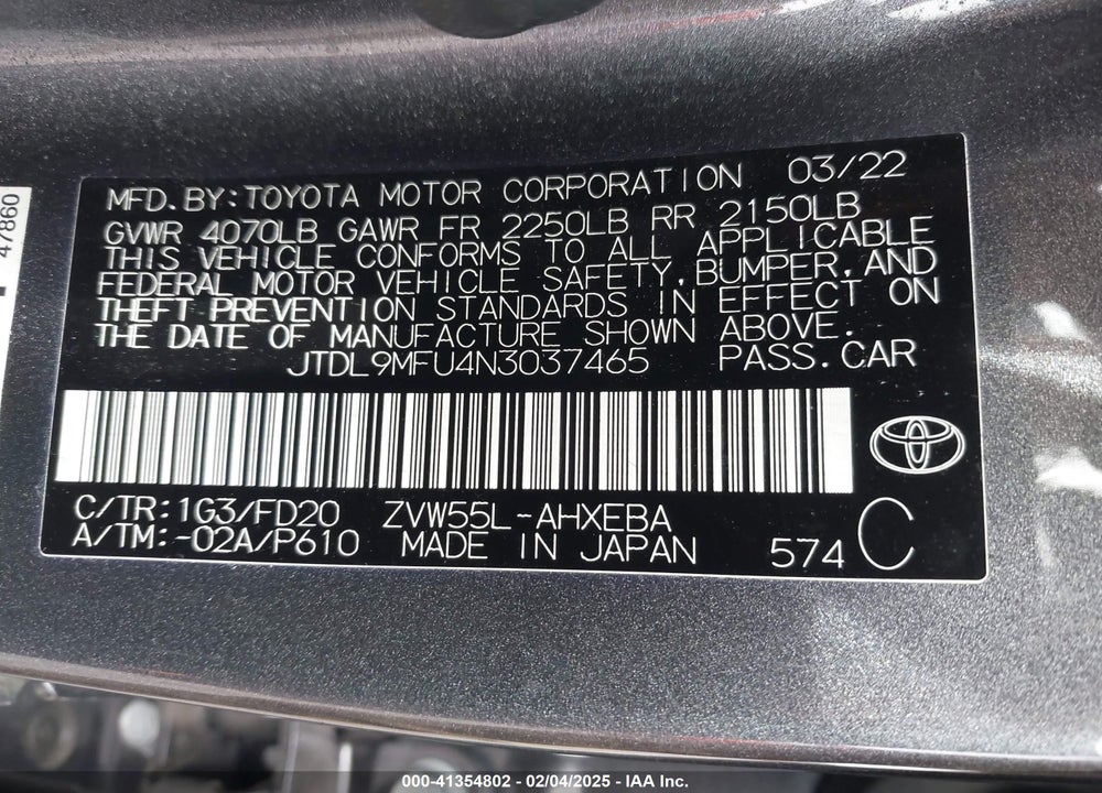 2022 TOYOTA PRIUS VIN: JTDL9MFU4N3037465