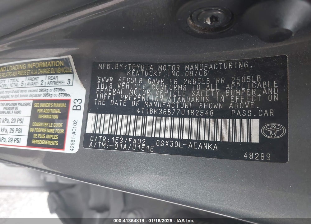 2007 TOYOTA AVALON VIN: 4T1BK36B77U182548