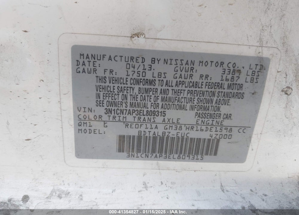 2014 NISSAN VERSA VIN: 3N1CN7AP3EL809315
