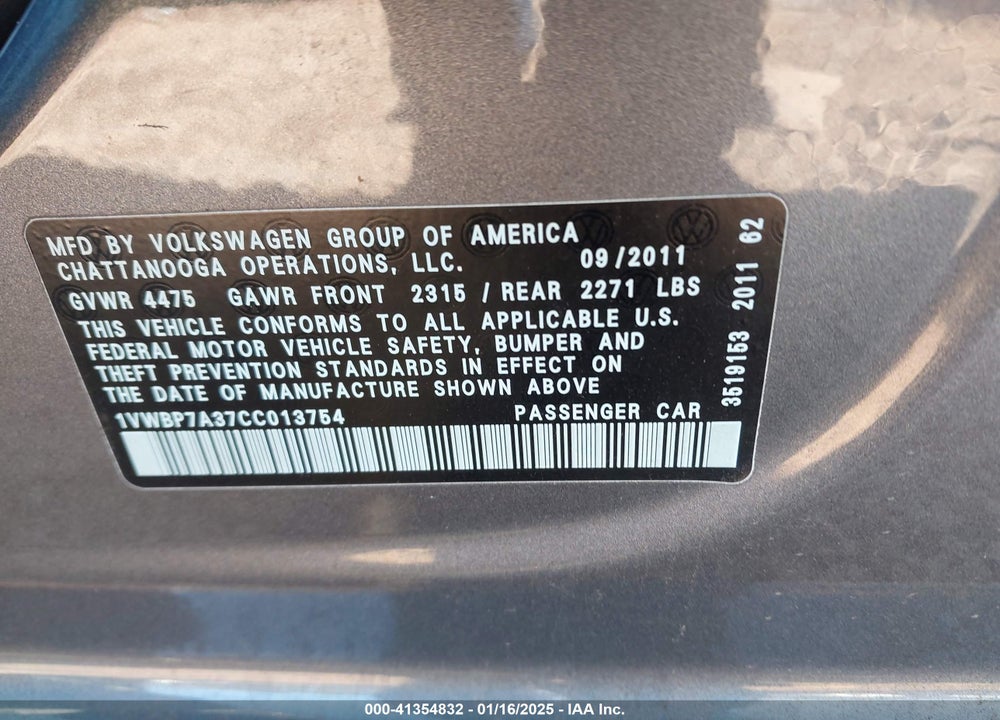 2012 VOLKSWAGEN PASSAT VIN: 1VWBP7A37CC013754