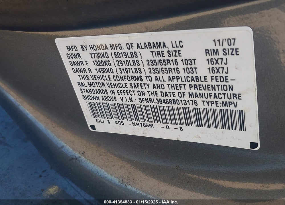 2008 HONDA ODYSSEY EX VIN: 5FNRL38468B013176
