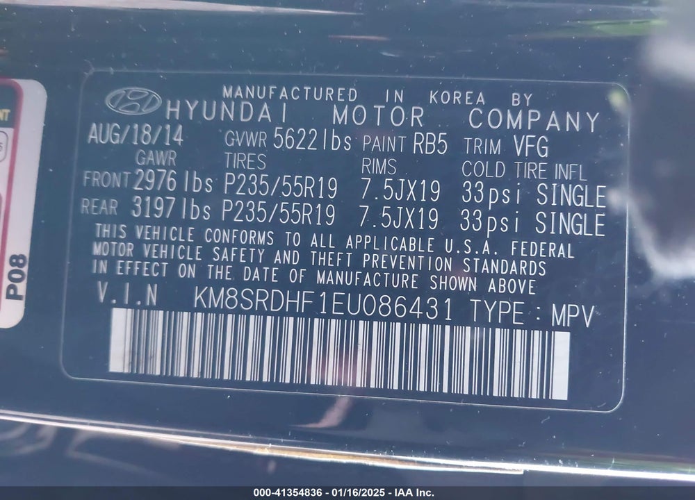 2014 HYUNDAI SANTA FE GLS VIN: KM8SRDHF1EU086431